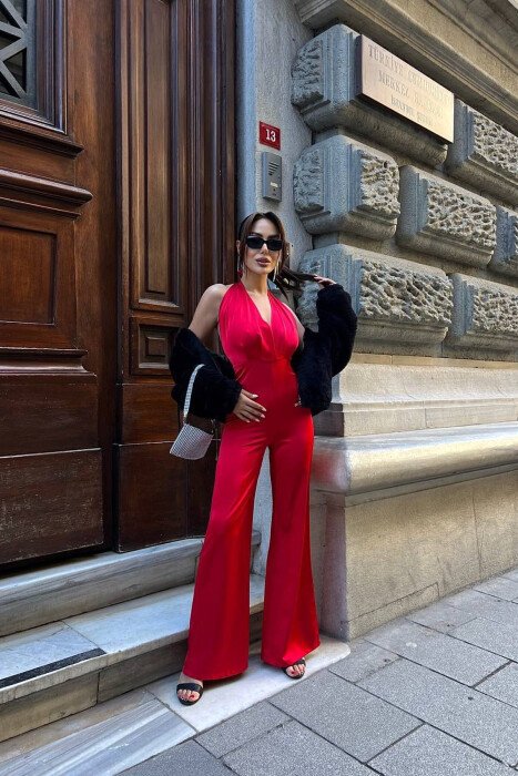 ONE COLOR WIDE LEG LACING NECK WOMEN JUMPSUIT RED/E KUQE - 1