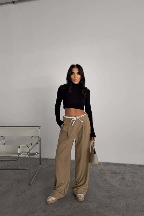PANTALLONA TE GJERA ME LIDHESE NE BEL PER FEMRA NE NGJYRE BEZHE - KLAUDIO FASHION