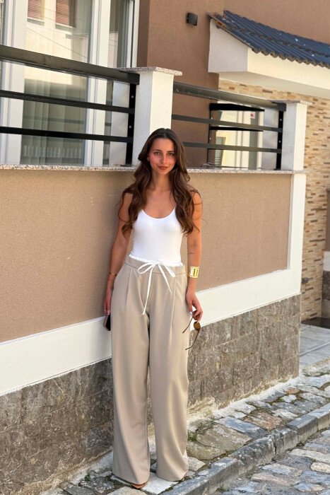 ONE COLOR WIDE LEG LACING WAIST WOMEN TROUSERS GREY/GRI - 5