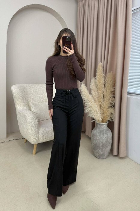 ONE COLOR WIDE LEG LACING WOMEN TROUSERS BLACK/ E ZEZE - 2