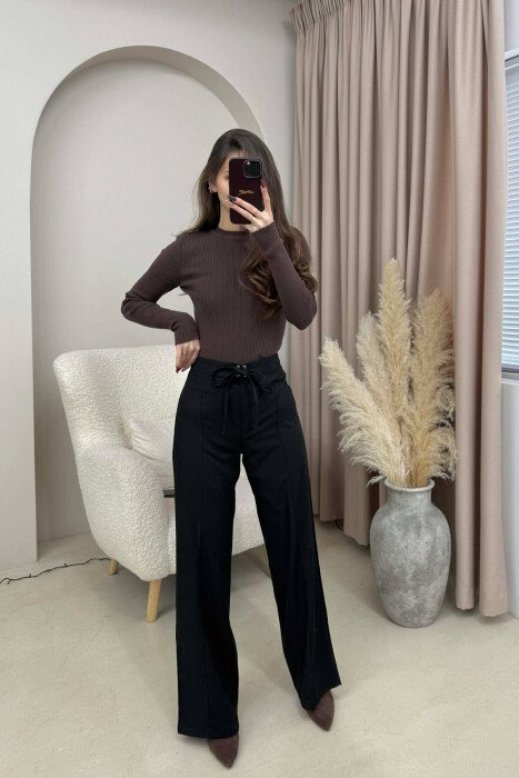 ONE COLOR WIDE LEG LACING WOMEN TROUSERS BLACK/ E ZEZE - 3