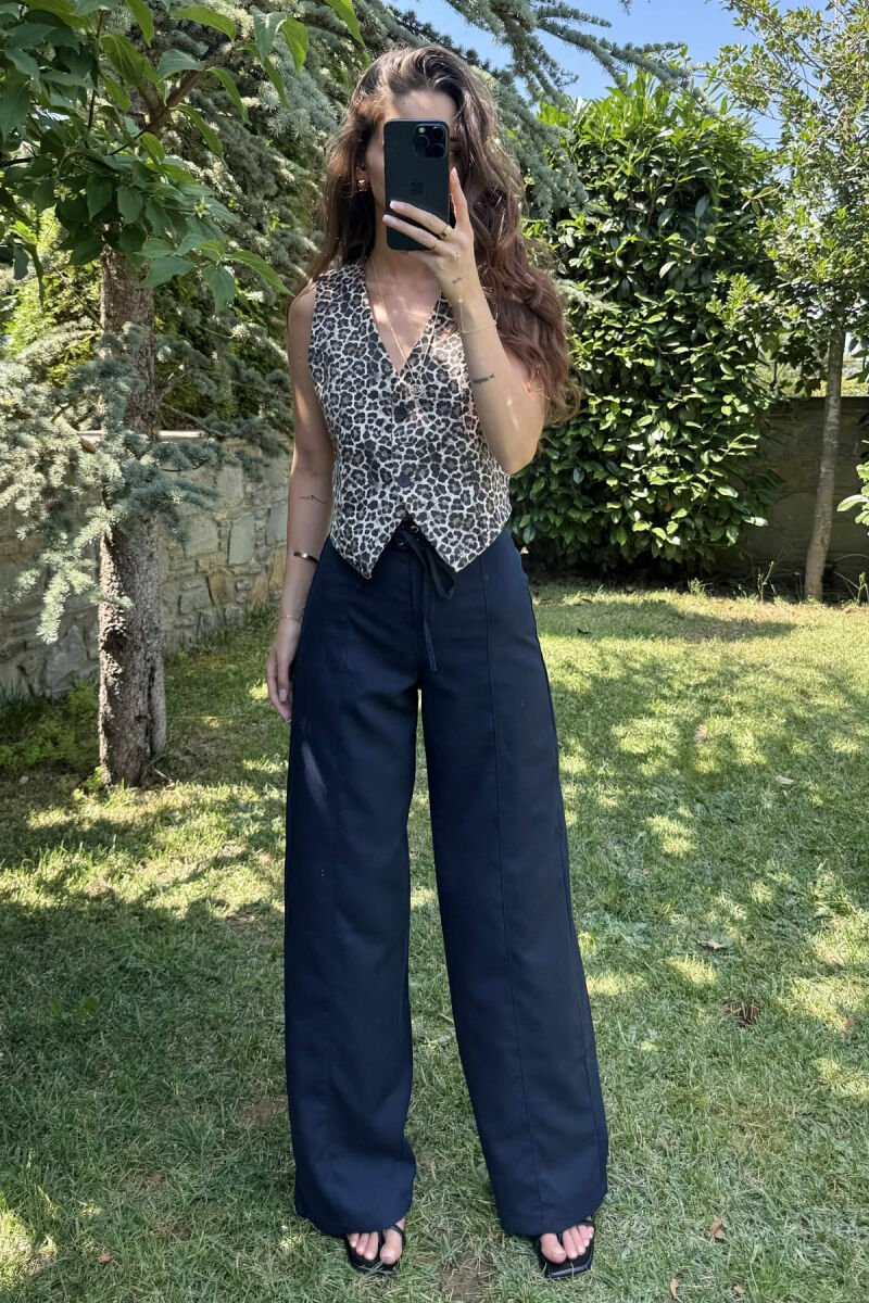 ONE COLOR WIDE LEG LACING WOMEN TROUSERS DARK BLUE/BEE - 3