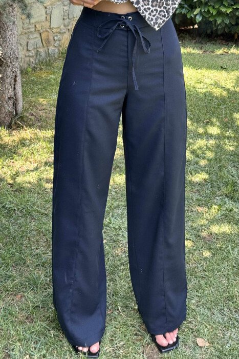 ONE COLOR WIDE LEG LACING WOMEN TROUSERS DARK BLUE/BEE - 1