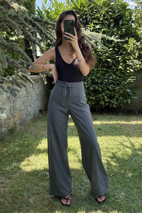 ONE COLOR WIDE LEG LACING WOMEN TROUSERS DARK GREY/GEE - 2