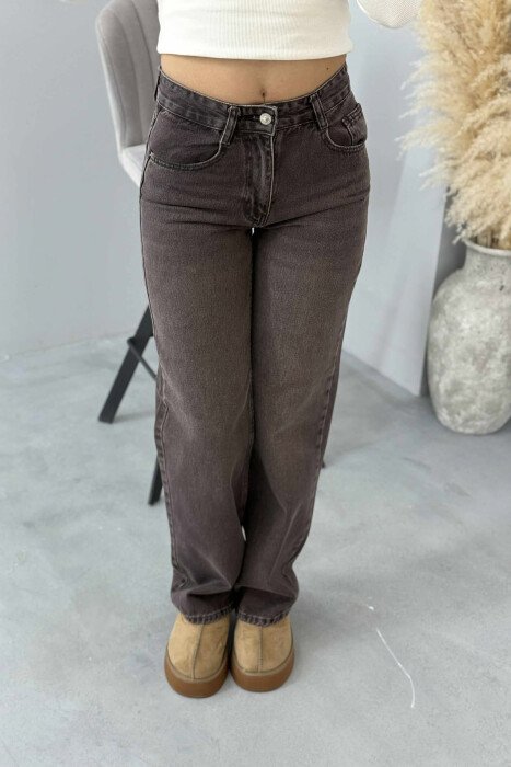 ONE COLOR WIDE LEG SIMPLE WOMEN JEANS DARK BROWN/KAE - 