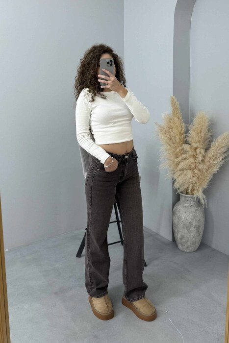 ONE COLOR WIDE LEG SIMPLE WOMEN JEANS DARK BROWN/KAE - 3