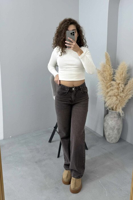 ONE COLOR WIDE LEG SIMPLE WOMEN JEANS DARK BROWN/KAE - 2