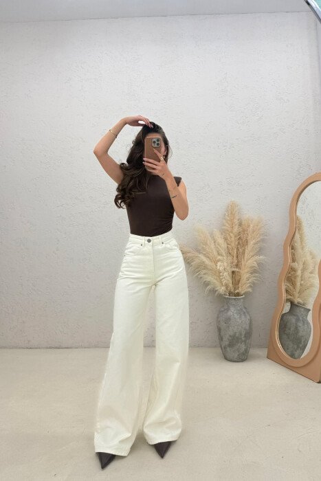 ONE COLOR WIDE LEG WOMAN JEANS CREAM/KREM - KLAUDIO FASHION