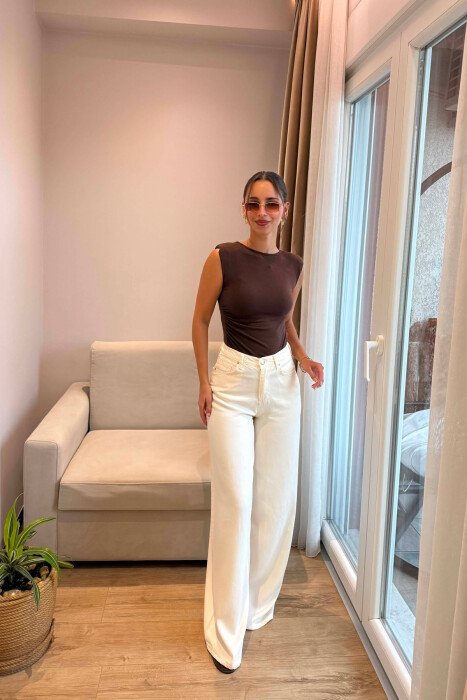 ONE COLOR WIDE LEG WOMAN JEANS CREAM/KREM - KLAUDIO FASHION