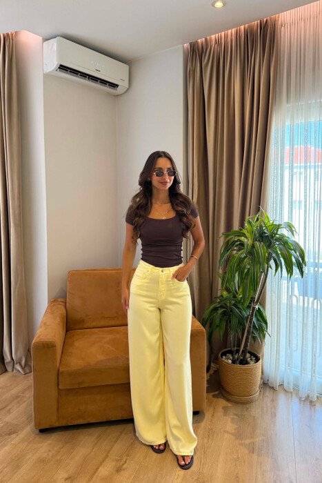 ONE COLOR WIDE LEG WOMAN JEANS YELLOW/E VERDHE - KLAUDIO FASHION