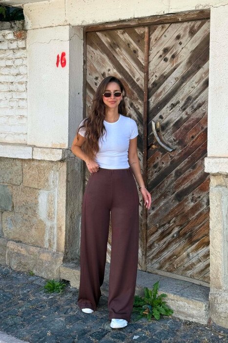 ONE COLOR WIDE LEG WOMAN SWEATPANTS BROWN/KAFE - KLAUDIO FASHION