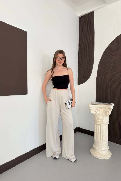 ONE COLOR WIDE LEG WOMAN SWEATPANTS CREAM/KREM - KLAUDIO FASHION