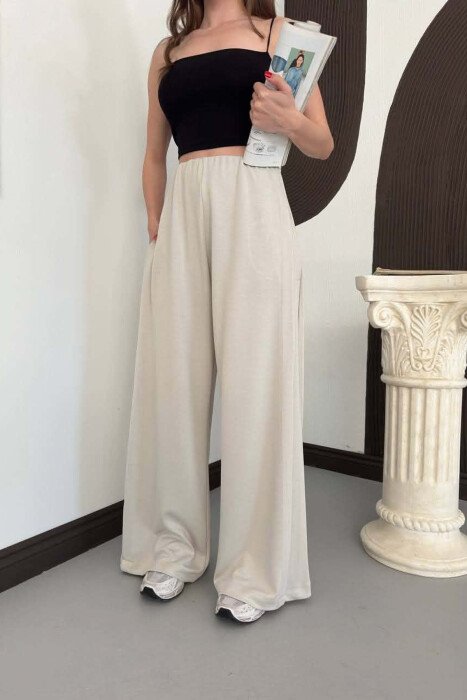 ONE COLOR WIDE LEG WOMAN SWEATPANTS CREAM/KREM - 2