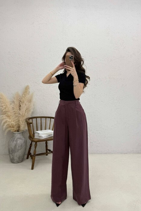 ONE COLOR WIDE LEG WOMAN TROUSERS BURGUNDY/VISHNJE - KLAUDIO FASHION
