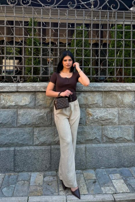 ONE COLOR WIDE LEG WOMAN TROUSERS DARK BEIGE/BEZHE ERRET - 1