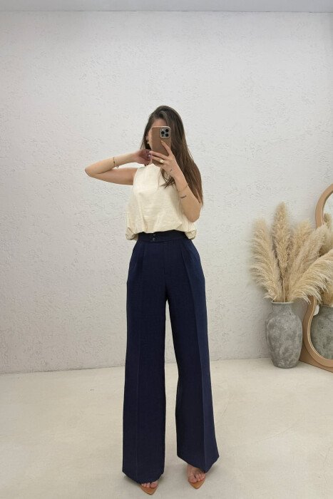 ONE COLOR WIDE LEG WOMAN TROUSERS DARK BLUE/BEE - 1