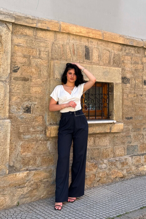 ONE COLOR WIDE LEG WOMAN TROUSERS DARK BLUE/BEE - 1