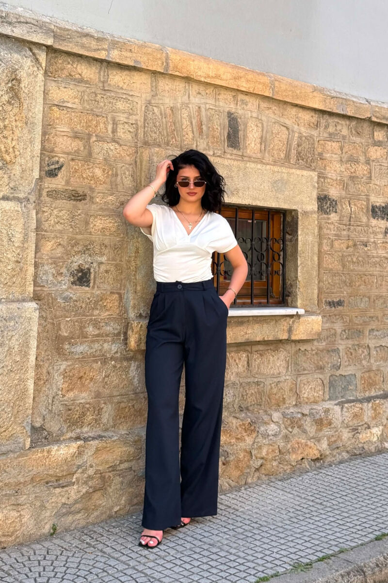 ONE COLOR WIDE LEG WOMAN TROUSERS DARK BLUE/BEE - 2
