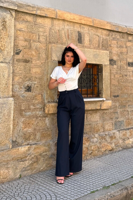 ONE COLOR WIDE LEG WOMAN TROUSERS DARK BLUE/BEE - 5