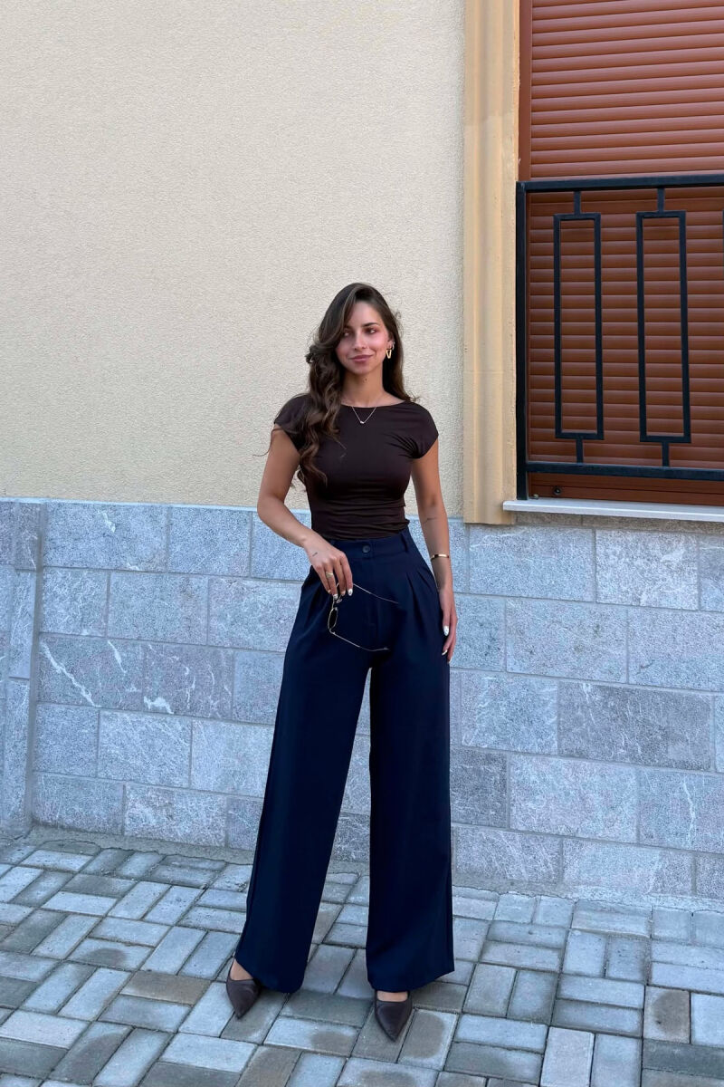 ONE COLOR WIDE LEG WOMAN TROUSERS DARK BLUE/BEE - 1