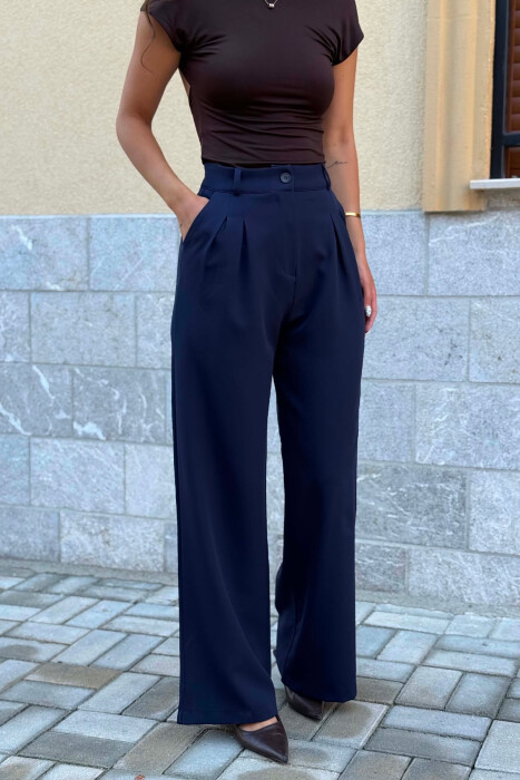 ONE COLOR WIDE LEG WOMAN TROUSERS DARK BLUE/BEE - 2