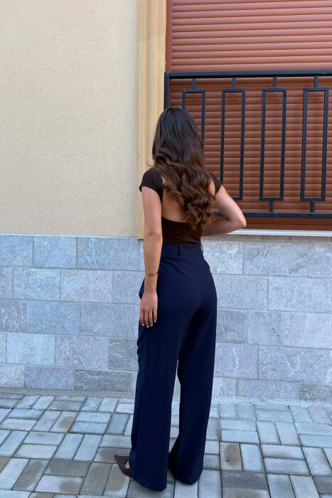 ONE COLOR WIDE LEG WOMAN TROUSERS DARK BLUE/BEE - 4