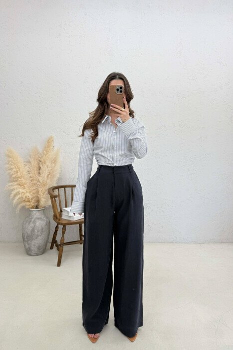 ONE COLOR WIDE LEG WOMAN TROUSERS DARK BLUE/BEE - 1