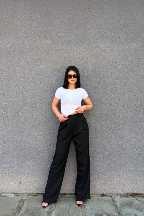 ONE COLOR WIDE LEG WOMAN TROUSERS GLOSSY BLACK-ZEZE SHKELQIM - KLAUDIO FASHION
