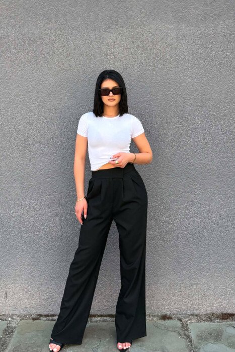 ONE COLOR WIDE LEG WOMAN TROUSERS GLOSSY BLACK-ZEZE SHKELQIM - 3