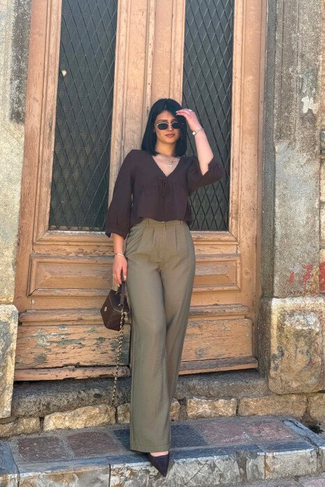 ONE COLOR WIDE LEG WOMAN TROUSERS GREEN/JESHILE 