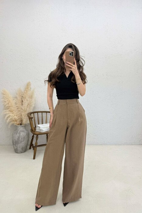 ONE COLOR WIDE LEG WOMAN TROUSERS LIGHT BROWN/KAZB - KLAUDIO FASHION