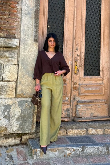 ONE COLOR WIDE LEG WOMAN TROUSERS LIGHT GREEN/JEZB 