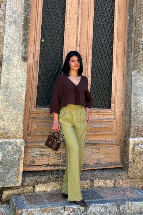 ONE COLOR WIDE LEG WOMAN TROUSERS LIGHT GREEN/JEZB - 5