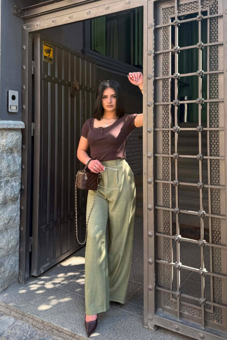 ONE COLOR WIDE LEG WOMAN TROUSERS LIGHT GREEN/JEZB - 2