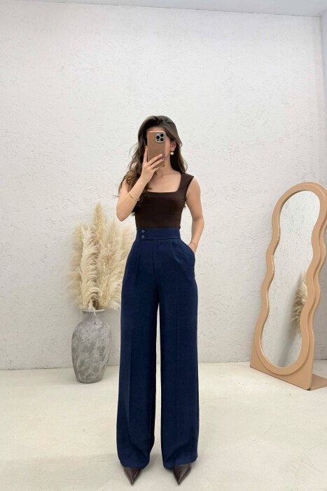 ONE COLOR WIDE LEG WOMAN TROUSERS MIDNIGHT BLUE/BLU MESNATE - KLAUDIO FASHION