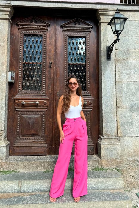 ONE COLOR WIDE LEG WOMAN TROUSERS PINK/ROZE - KLAUDIO FASHION