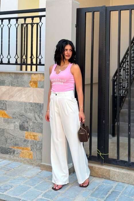 ONE COLOR WIDE LEG WOMAN TROUSERS WHITE-E BARDHE - KLAUDIO FASHION