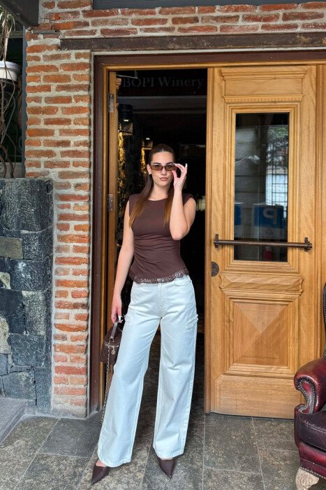 ONE COLOR WIDE LEG WOMEN JEANS CREAM/KREM - KLAUDIO FASHION