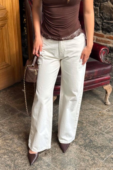 ONE COLOR WIDE LEG WOMEN JEANS CREAM/KREM - 6