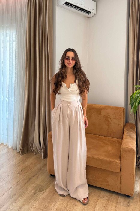 ONE COLOR WIDE LEG WOMEN TROUSERS ANTIQUEWHITE/ANTIKE - KLAUDIO FASHION