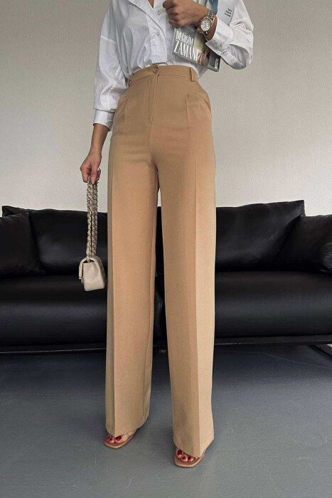 ONE COLOR WIDE LEG WOMEN TROUSERS BEIGE/BEZHE - KLAUDIO FASHION