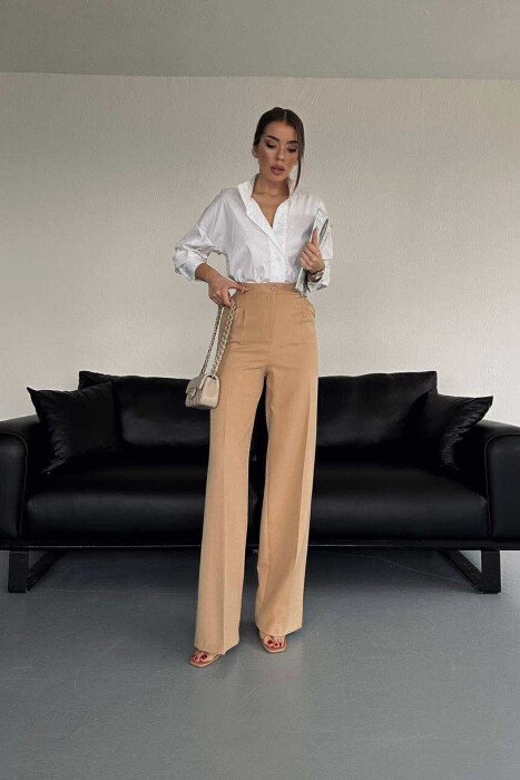 ONE COLOR WIDE LEG WOMEN TROUSERS BEIGE/BEZHE - 2
