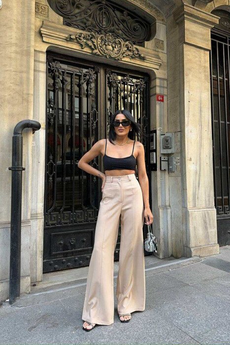 ONE COLOR WIDE LEG WOMEN TROUSERS BEIGE/BEZHE - 2