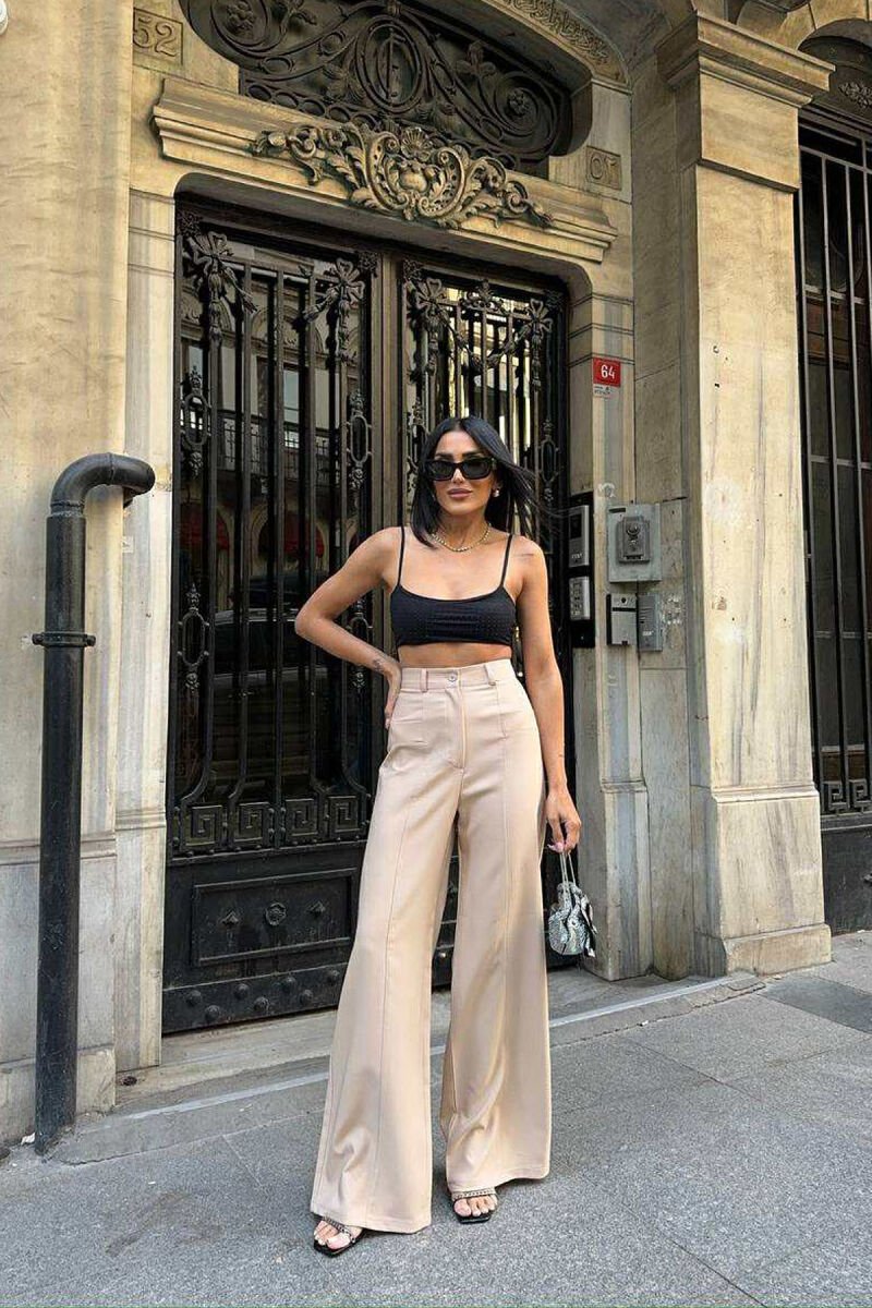ONE COLOR WIDE LEG WOMEN TROUSERS BEIGE/BEZHE - 2