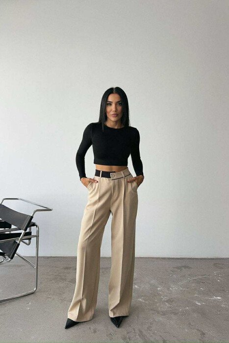ONE COLOR WIDE LEG WOMEN TROUSERS BEIGE/BEZHE - 2