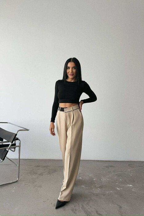 ONE COLOR WIDE LEG WOMEN TROUSERS BEIGE/BEZHE - 4