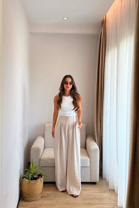 ONE COLOR WIDE LEG WOMEN TROUSERS BEIGE/BEZHE - 1