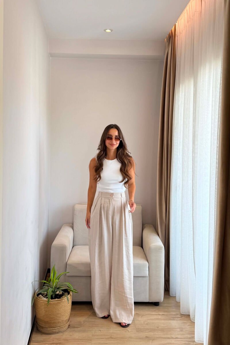 ONE COLOR WIDE LEG WOMEN TROUSERS BEIGE/BEZHE - 1