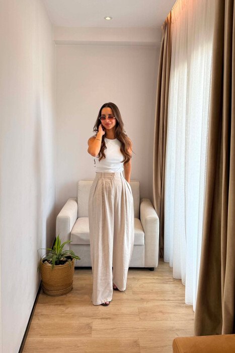 ONE COLOR WIDE LEG WOMEN TROUSERS BEIGE/BEZHE - 4
