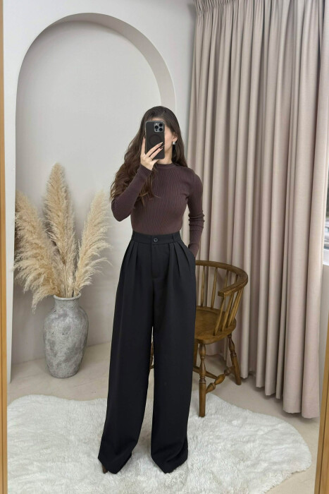 ONE COLOR WIDE LEG WOMEN TROUSERS BLACK/ E ZEZE - 6